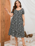 Plus Size Women Summer Print Short Sleeve Ruffle Dress