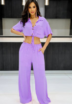Women Short Polo Collar Crop Top and Pants Two-Piece Set