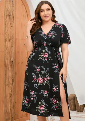 Plus Size Women Summer Short Sleeve Slit Dress