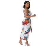 Womens Printed Wrap Breast Low Back Top, String Mid Front Pleated Skirt Set Two-Piece