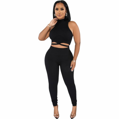 Women's Crop Lace-Up Solid Sport Casual Set