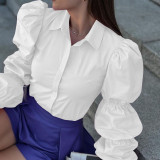 Autumn Women's Fashion Chic Loose Long Sleeve Turndown Collar Solid Color Linen Shirt