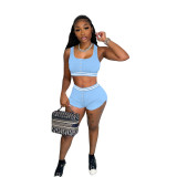 Ladies Solid Color Tank Top Shorts Sports Two Piece Set