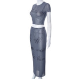 Women's Summer Sexy Mesh See-Through Print Short Sleeve Crop Top Long Skirt Two Piece Set