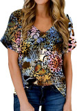 Women's Short Sleeve V-Neck Tie Dye Gradient Pocket Loose Casual T-Shirt Top