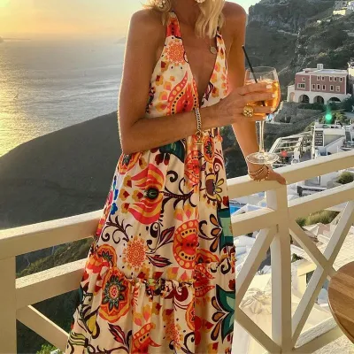 Summer Fashion Deep V Halter Neck Low Back Sleeveless Print Holidays Beach Dress