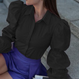 Autumn Women's Fashion Chic Loose Long Sleeve Turndown Collar Solid Color Linen Shirt