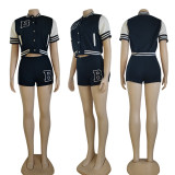 Women's Summer Short Sleeve Baseball Jacket Shorts Two Piece Set