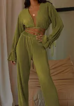 Autumn Solid Color Women's Flare Long Sleeve V-Neck Fashion Casual Sexy Two Piece Pants Set