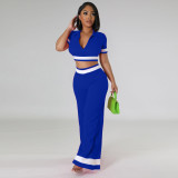 Women Casual Colorblock Turndown Collar Short Sleeve Crop Top and Wide Leg Pants Two-Piece Set