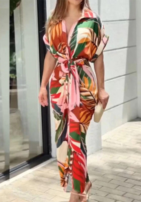 Summer Women Print Turndown Collar Short Sleeve High Waist Single Breasted Maxi Cardigan Dress