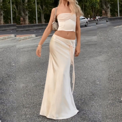Women Sexy Pleated Split Crop Top and Long Skirt Two-Piece Set