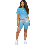 Women Casual Summer Ombre Short Sleeve Top and Short Two-Piece Set