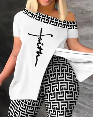 Women Summer Print Off-Shoulder Top and Pant Two-Piece Set