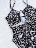 Women Bikini Leopard Print Cutout Drawstring One Piece Swimwear
