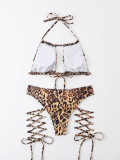 Women Leopard Lace-Up Two Pieces Swimwear