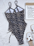 Women Bikini Leopard Print Cutout Drawstring One Piece Swimwear
