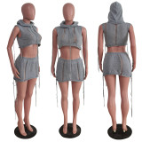 Women Casual Sleeveless Hooded Top and Beach Skirt Two-Piece Set