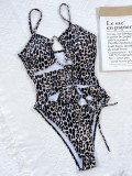 Women Bikini Leopard Print Cutout Drawstring One Piece Swimwear