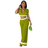 Women Casual Colorblock Turndown Collar Short Sleeve Crop Top and Wide Leg Pants Two-Piece Set
