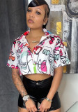 Summer Shirt Women's Cropped Top Print Short Sleeve Lining