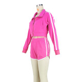 Women's solid color cardigan sports long-sleeved shorts two-piece suit