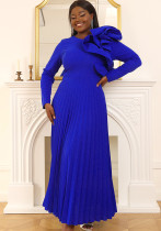 Round Neck Long Sleeve Decorative Pleated Skirt Stylish Party Reception Solid Color Dress