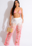 Summer Women's Sexy Gradient Beach Tassel Knitting Pants Casual Set