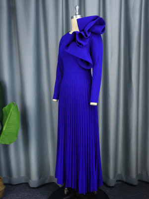 Round Neck Long Sleeve Decorative Pleated Skirt Stylish Party Reception Solid Color Dress