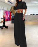 Summer Women's Turtleneck Bell Bottom Sleeves Sexy Crossover Low Back Top Loose Wide Leg Pants Set