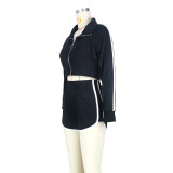 Women's solid color cardigan sports long-sleeved shorts two-piece suit
