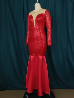 Sequin Sexy Low Cut Patchwork Mesh Dress Elegant Party Mermaid Dress