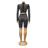 Summer Women's Sexy Tight Fitting Mesh See-Through Long Sleeve Beaded Two-Piece Suit