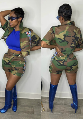 Women's Spring Summer Fashion Style Painted Camouflage Cargo Suit