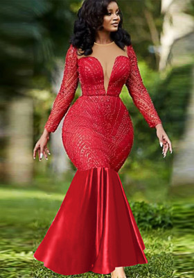Sequin Sexy Low Cut Patchwork Mesh Dress Elegant Party Mermaid Dress