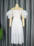 Pure White Off Shoulder Pleated Skirt Fashion Casual Career High Waist Dress