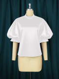 Spring and Autumn Stand Collar Lantern Sleeve Short Top Fashion Versatile Slim Fit Loose T-Shirt