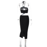 Summer Women's Solid Color Halter Tether Neck Mid-Length Dress Sexy Hollow Slim Dress Female