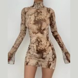 Trendy Print high neck long sleeve Bodycon Sexy Dress