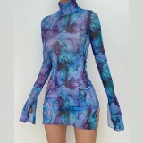 Trendy Print high neck long sleeve Bodycon Sexy Dress