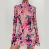 Trendy Print high neck long sleeve Bodycon Sexy Dress