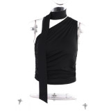 Summer Casual slim-fitting one-shoulder streamer design solid color sleeveless tank top