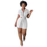 Women Summer Pocket Short Sleeve Shirt and Shorts Solid Two-Piece Set