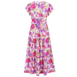Plus Size Women Summer V-Neck Ruffle Sleeve Bohemian Print Maxi Dress
