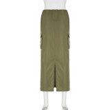 Women Style Solid Cargo Pocket Slit Skirt