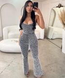 Women Sexy Backless Suspenders Striped knitting Bell Bottom Jumpsuit