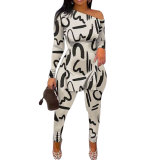 Women Print Off-Shoulder Long-Sleeve Slit Two-Piece Set