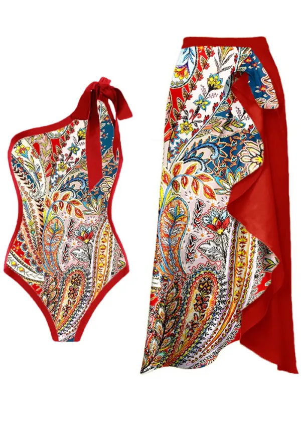Women Printed Contrasting Color One-Shoulder Tie One-Piece Swimwear Long Dress Two-Piece Set