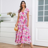 Plus Size Women Summer V-Neck Ruffle Sleeve Bohemian Print Maxi Dress