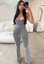 Women Sexy Backless Suspenders Striped knitting Bell Bottom Jumpsuit